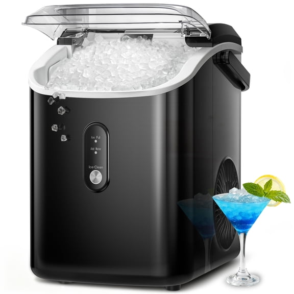 Countertop Nugget Ice Maker, Qunler 33lbs per Day Portable Pebble Ice Machine with Handle, Crushed Ice Maker with Soft Chewable Ice for Home, Bar, Dorm, Party, RV & Camping (Stainless Steel Black)