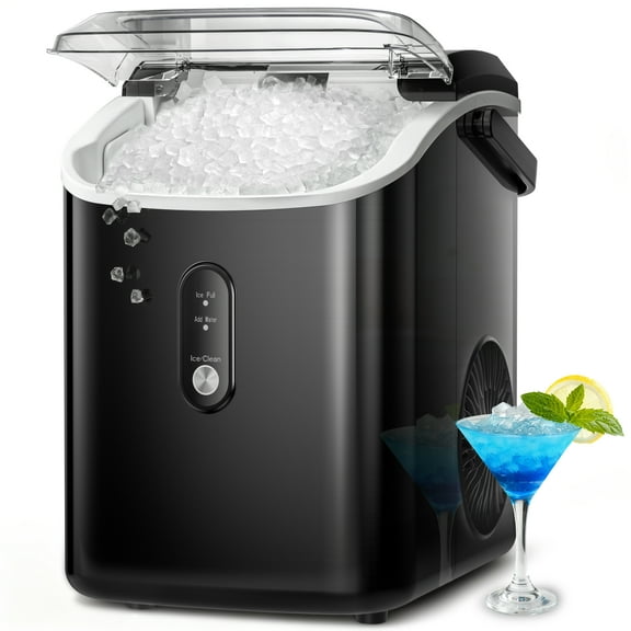 Countertop Nugget Ice Maker, Qunler 33lbs per Day Portable Pebble Ice Machine with Handle, Crushed Ice Maker with Soft Chewable Ice for Home, Bar, Dorm, Party, RV & Camping (Stainless Steel Black)