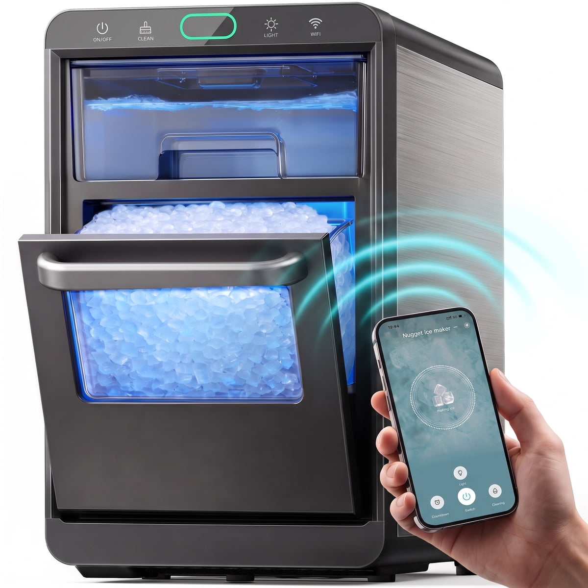 Philergo Nugget Ice Maker Countertop, Smart Pebble Ice maker with App Control, 44 lbs/Day, Ice in 10 Minutes, Self-Cleaning, Timer & Status Alerts, Stainless Steel,Design for Home, Kitchen