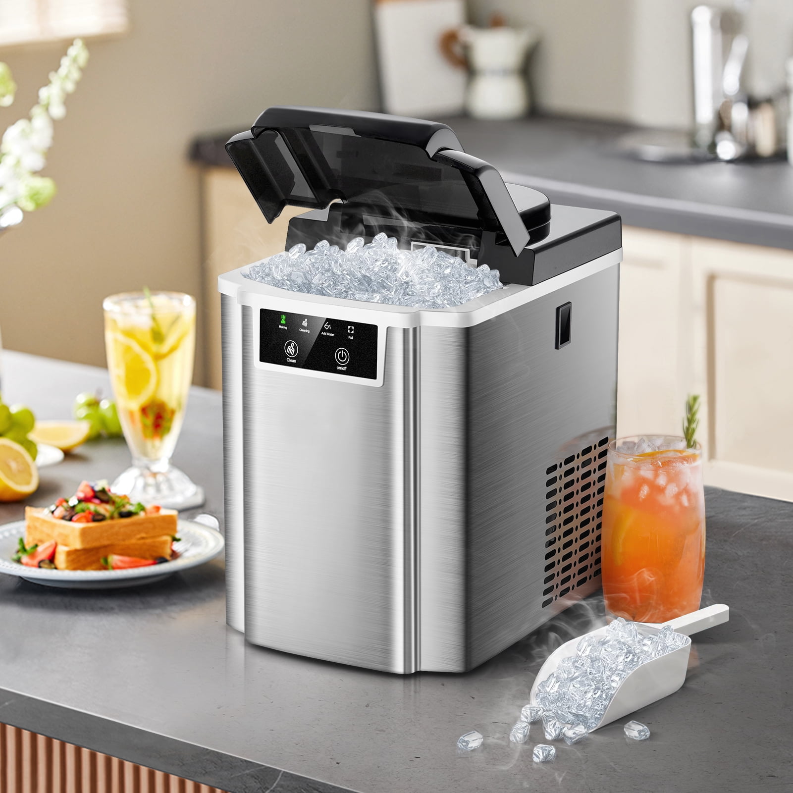 JINJUNYE Nugget Ice Maker Countertop, Portable Ice Maker Machine with Self-Cleaning Function, 38lbs/Day for Gallery, Office, Party, Stainless Steel