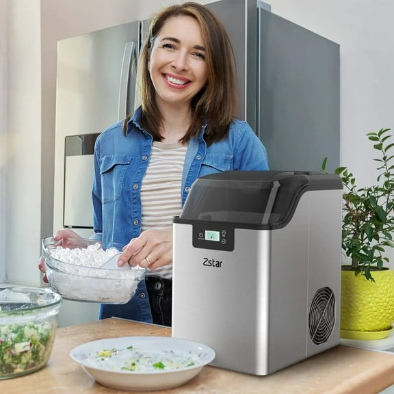 Nugget Ice Maker, Zstar Countertop Ice Maker, Stainless Steel Pebble Ice Maker, 44LBs/24H, Self-Cleaning and Timer Function, Small Portable Sonic Ice Maker with Ice Basket and Ice Scoop for Home