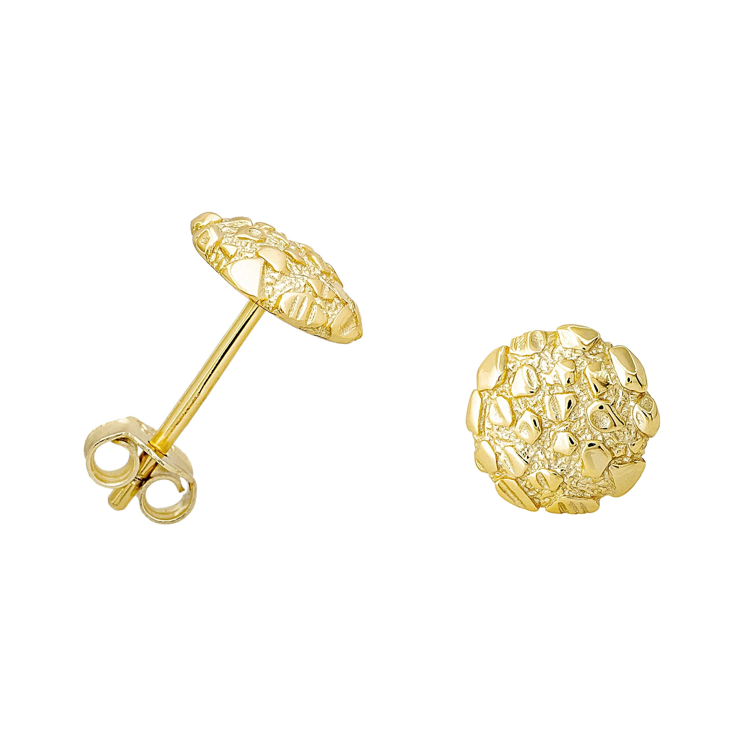 Nugget Stud Earrings - Yellow Gold Plated Sterling Silver Textured Chunky Studs - Hypoallergenic Minimalist Earrings for Men-Women 8mm