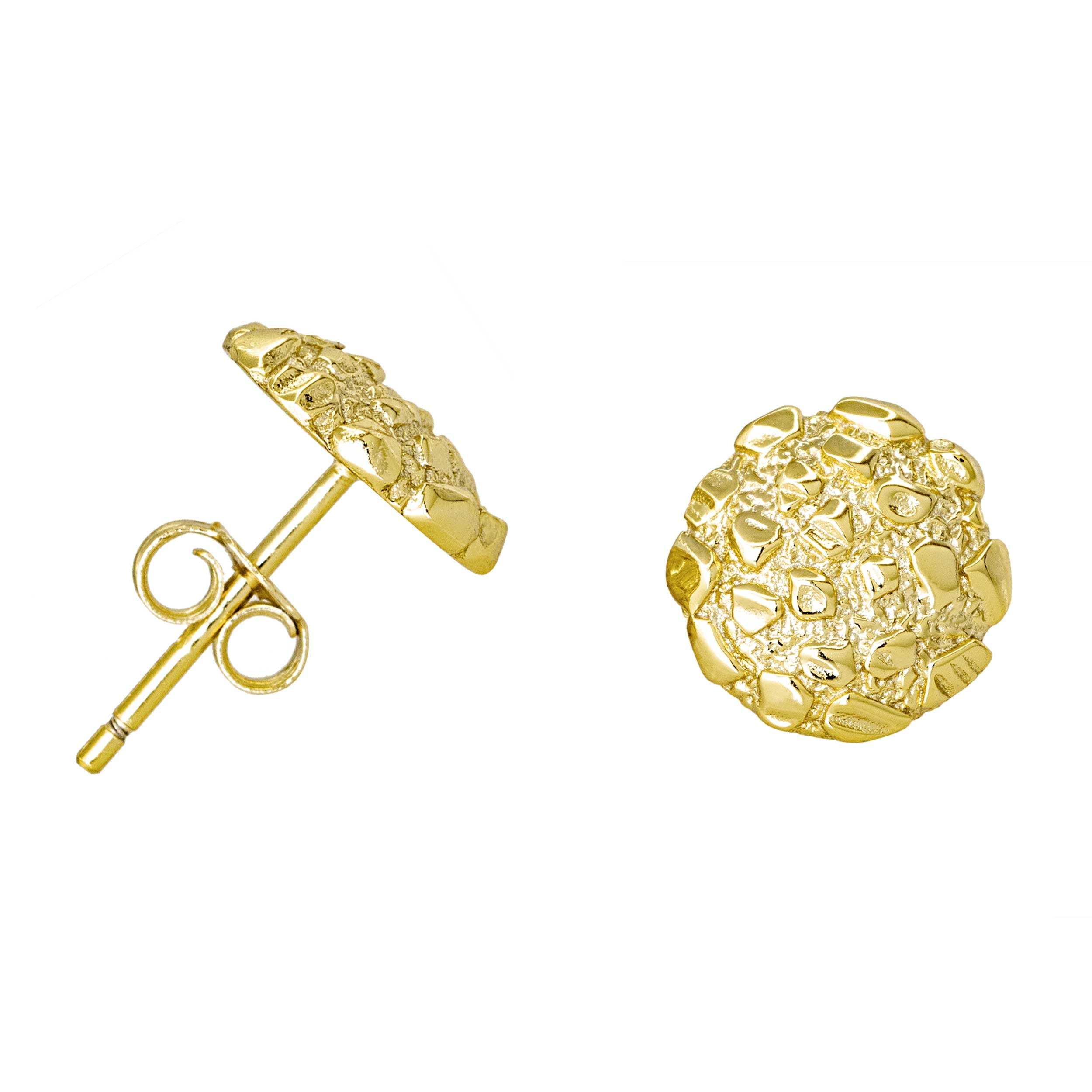 Nugget Stud Earrings - Yellow Gold Plated Sterling Silver Textured Chunky Studs - Hypoallergenic Minimalist Earrings for Men-Women 10mm