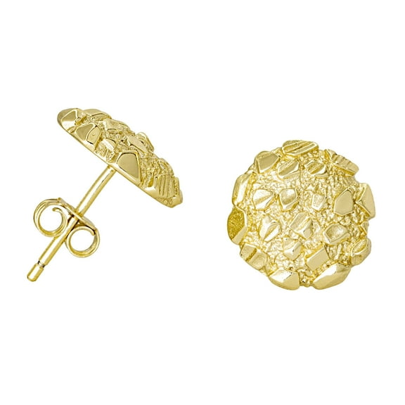 Nugget Stud Earrings - Yellow Gold Plated Sterling Silver Textured Chunky Studs - Hypoallergenic Minimalist Earrings for Men-Women 12mm