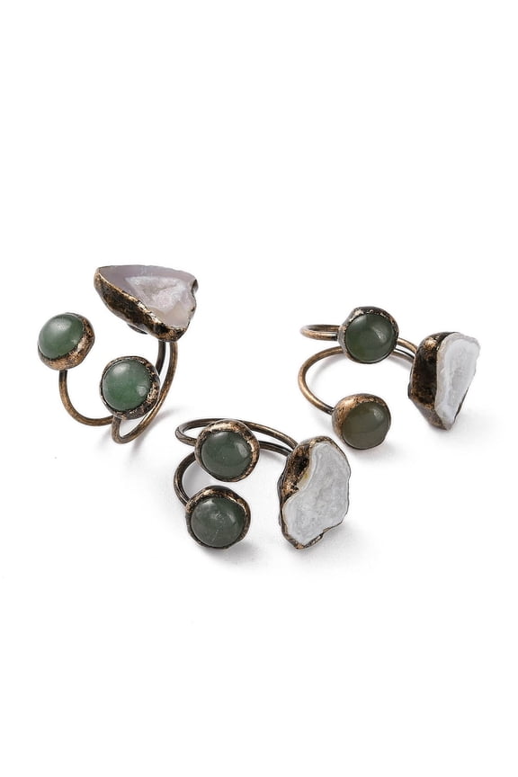 Nuggets Natural Druzy Agate & Green Aventurine Open Cuff Rings Red Copper Tone Brass Ring for Women Inner Diameter: 20mm