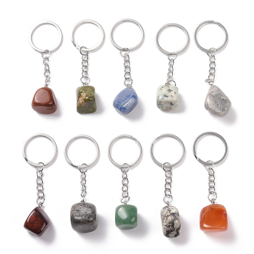 Nuggets Natural Gemstone Keychain with Iron Split Key Rings 7.7~8.8cm