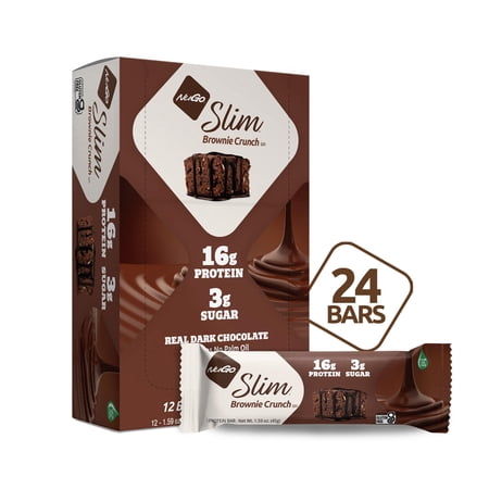 NuGo Slim Dark Chocolate Brownie Crunch, 16g Protein, 3g Sugar, 7g Fiber, 180 Calories, Low Net Carbs, Gluten Free, 24 Count