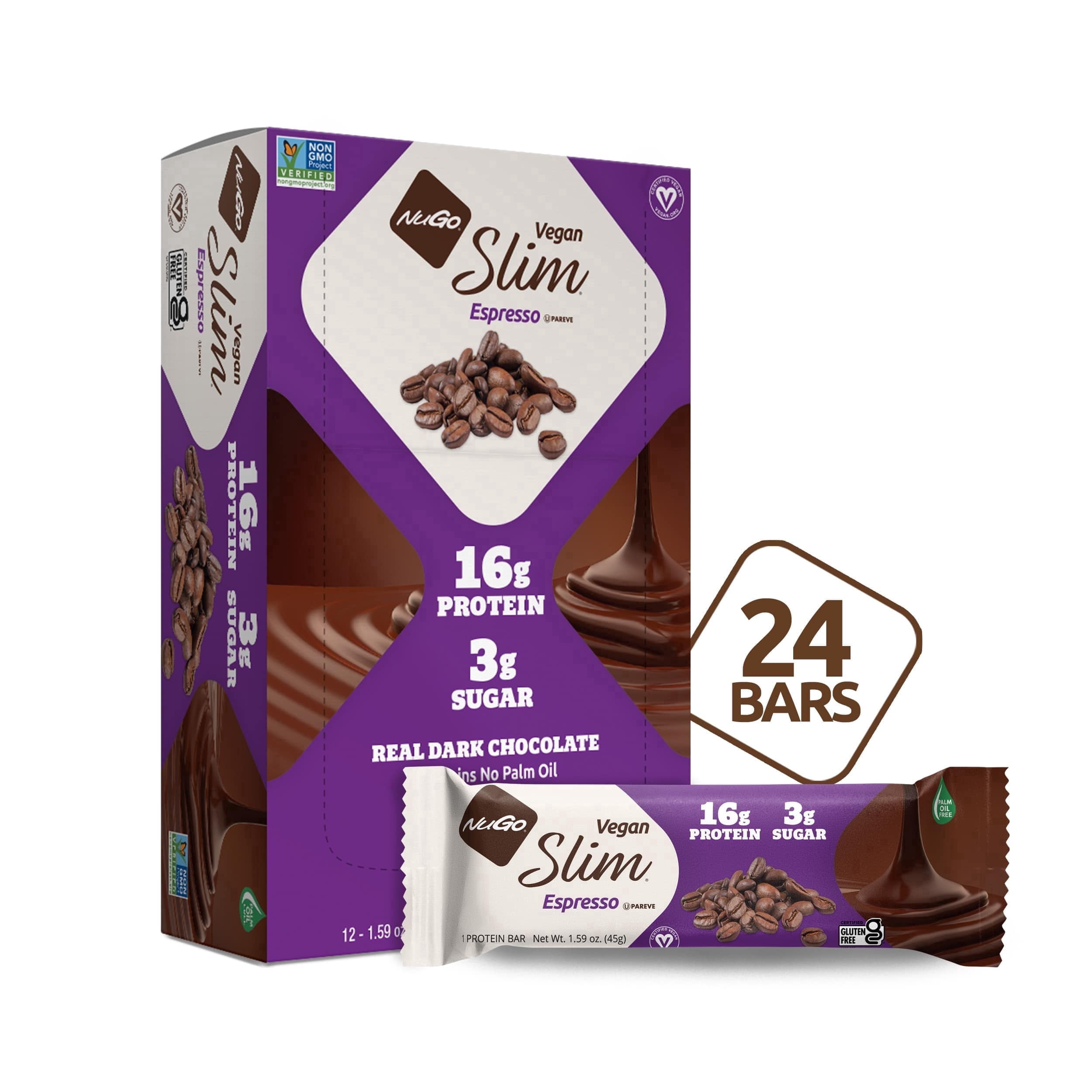 NuGo Slim Dark Chocolate Espresso, 16g Vegan Protein, 3g Sugar, 7g Fiber, 170 Calorie, Low Net Carbs, Gluten Free, 24 Count
