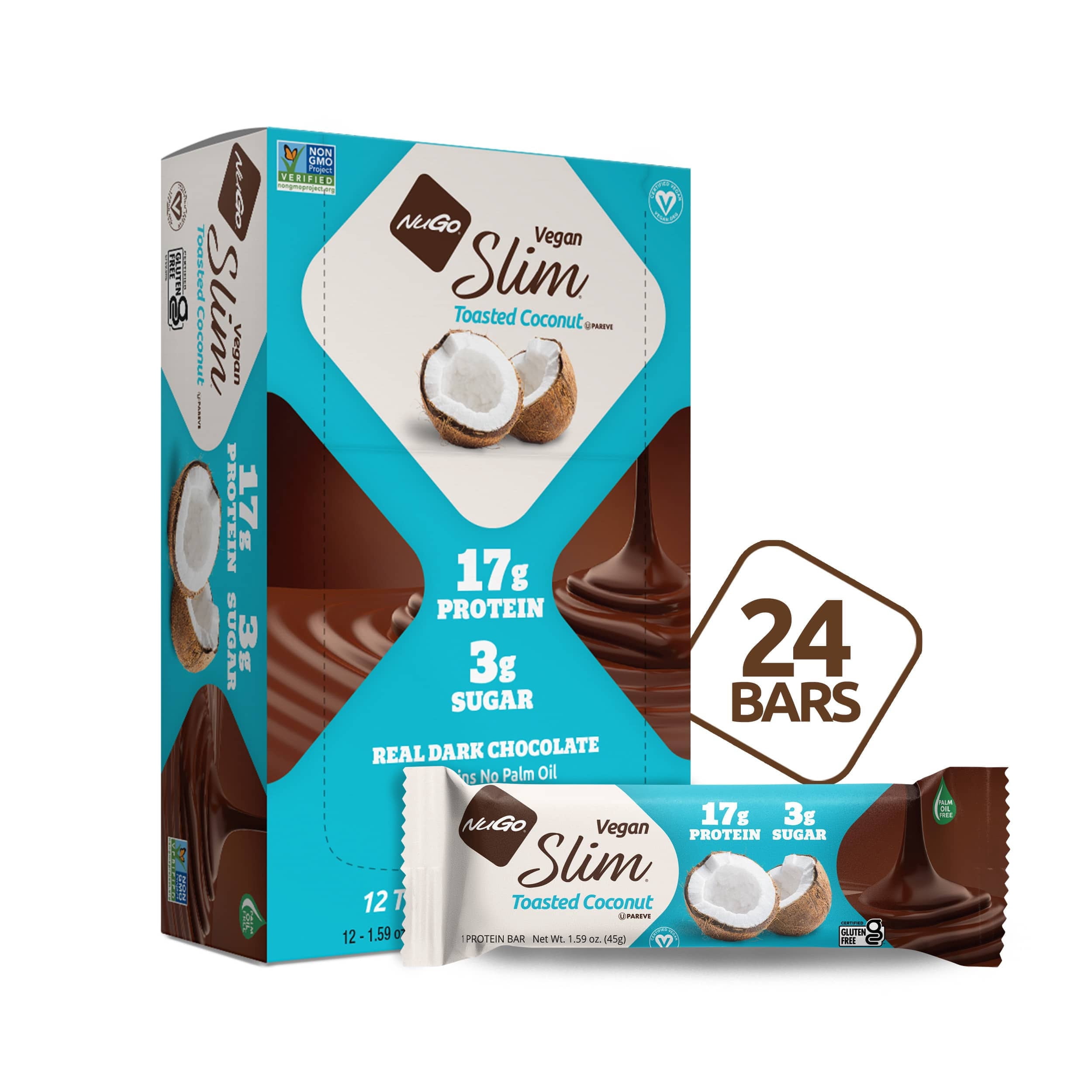 NuGo Slim Dark Chocolate Toasted Coconut, 16g Vegan Protein, 3g Sugar, 7g Fiber, 180 Calorie, Low Net Carbs, Gluten Free, 24 Count