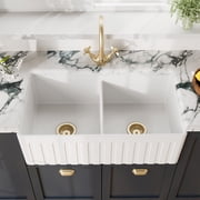 Nuie Kitchen Sink 33 50/50 Double Bowl Apron Fluted Front, Fireclay Sinks, 33x18x10