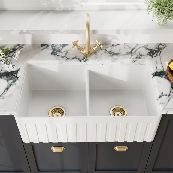 Nuie Butler Kitchen Sink 33 inch 50/50 Double Bowl Apron Fluted Front Farmhouse Sink with Stepped Weir, Fireclay Kitchen Sinks - 33x18x10" (White)