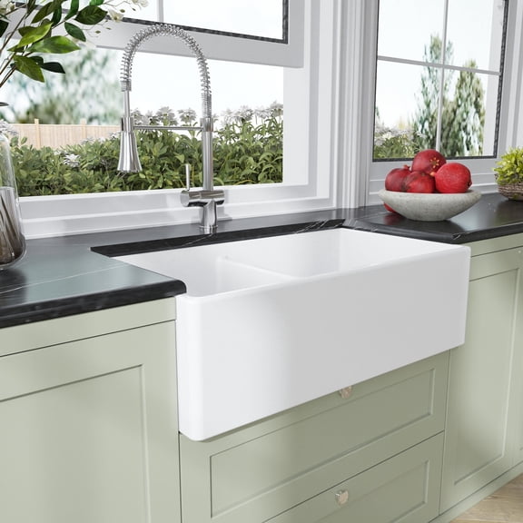 Nuie Belfast Kitchen Sink 33 inch 60/40 Double Bowl Apron Front Farmhouse Sink with Stepped Weir, Fireclay Ceramic Kitchen Sinks - 33x18x10" (White)