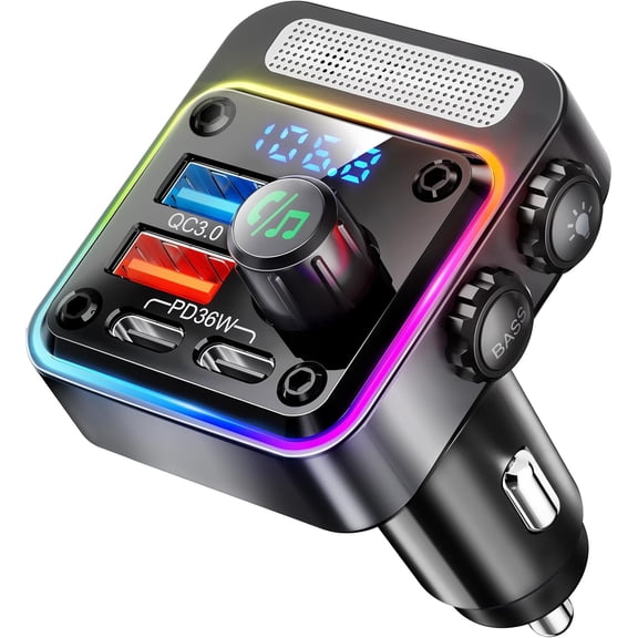 54W Bluetooth 5.3 Car Adapter Charger 4-Port Fast Charging [PD36W & QC3.0 18W] Wireless Radio FM Transmitter with Deep Bass Player 5 Colors LED Backlit Hands-Free Calling Support USB Drive