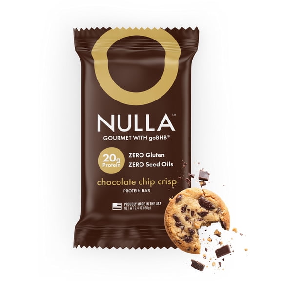 Nulla Gourmet Protein Bar with goBHB & Honey Chocolate Chip Crisp 20g Protein, Zero Seed Oils, Gluten Free, Dual-Fuel Performance Energy Snack Clean Ingredients - 12 Pack