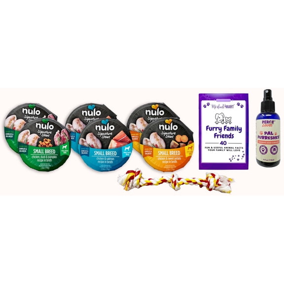Nulo Signature Stews Wet Dog Food Variety Pack Chicken Duck & Pumpkin, Chicken & Salmon, Chicken & Sweet Potato 6 Pouches| MerlinsMart Zine, PercyLoves Pal Furresher, & Rope Toy