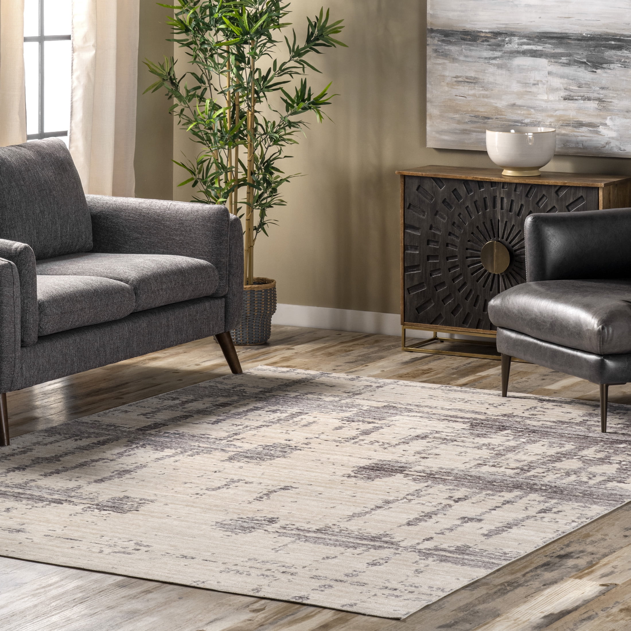 Gray Abstract 5' x 8' Washable Synthetic Area Rug