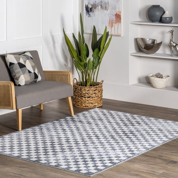 Nuloom Ashanti SpinClean Vintage Checkers Machine Washable Area Rug, 4' x 6', Ashanti Slate Blue