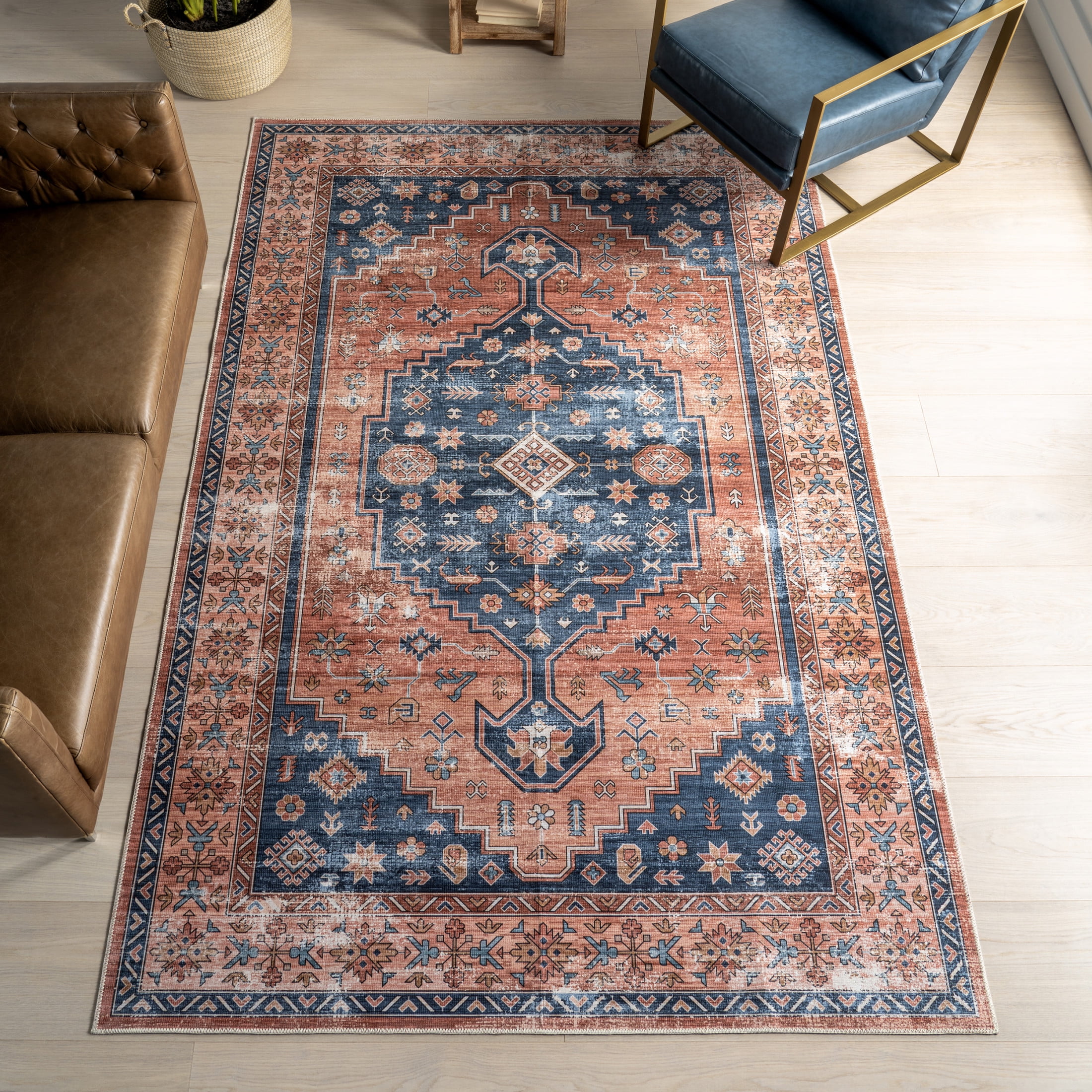 Astra Brick Red and Blue Synthetic Washable Area Rug, 2' x 3'