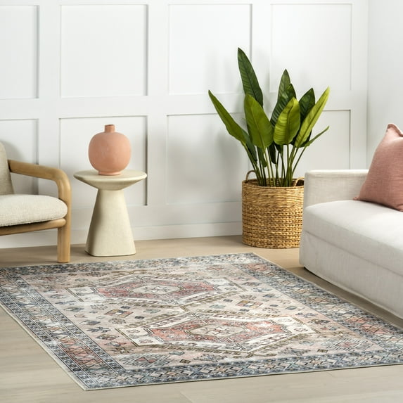 nuLOOM Benoite Splashguard Medallion Machine Washable Area Rug, 6' x 9', Benoite Peach
