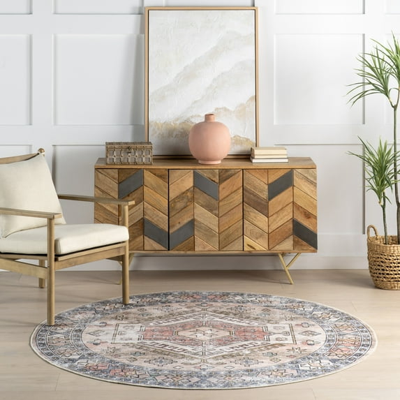 nuLOOM Benoite Splashguard Medallion Machine Washable Area Rug, 8', Round, Benoite Peach