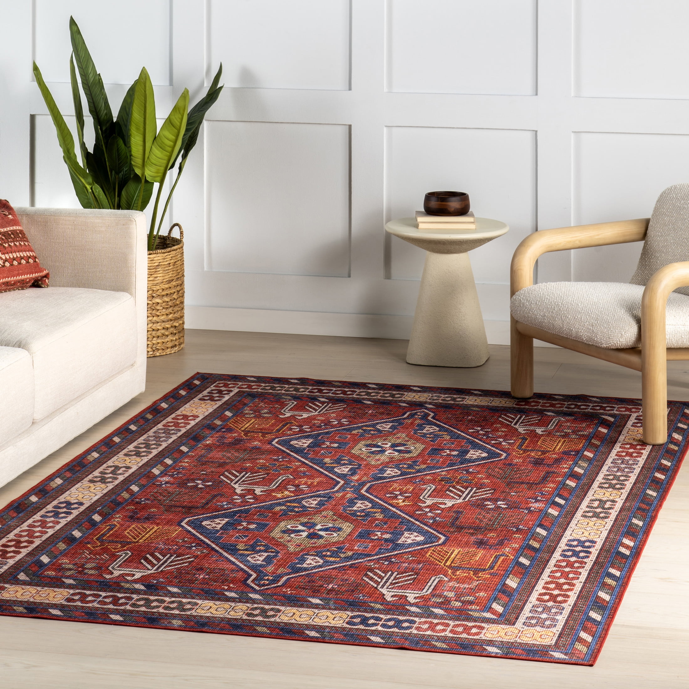 Damaris Red Synthetic Non-slip Washable Area Rug, 3' x 5'