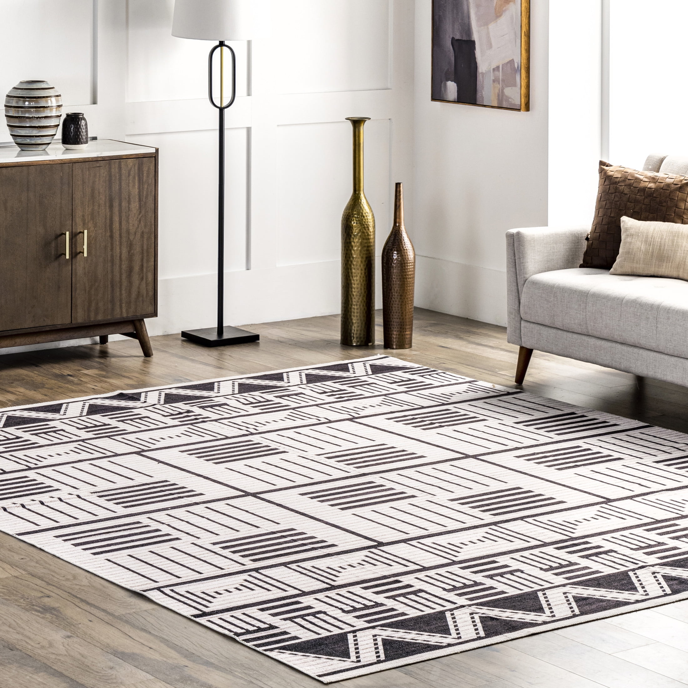 Ivory Striped Easy-Care Synthetic 22"x14" Washable Rug