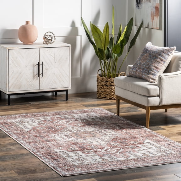 nuLOOM Evon SpinClean Traditional Medallion Machine Washable Area Rug, 4' x 6', Evon Blush Pink