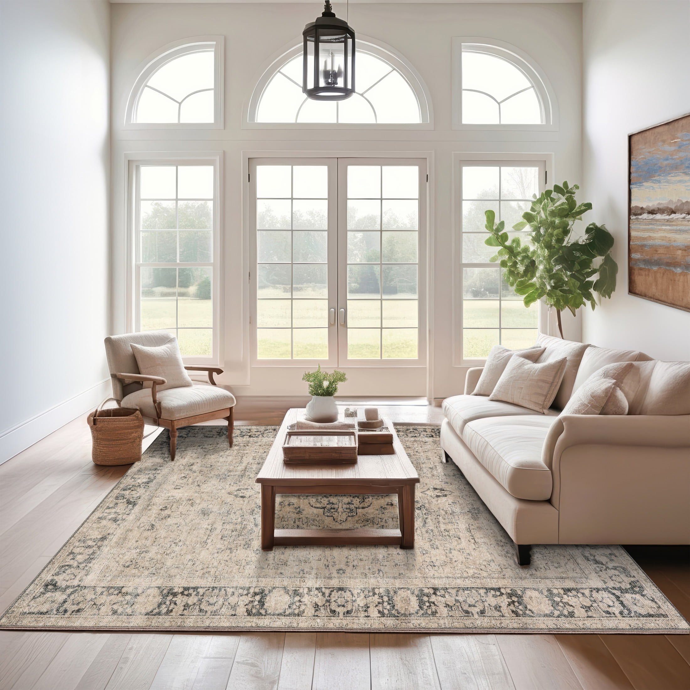 Beige and Gray Rectangular Synthetic Area Rug, 10x13