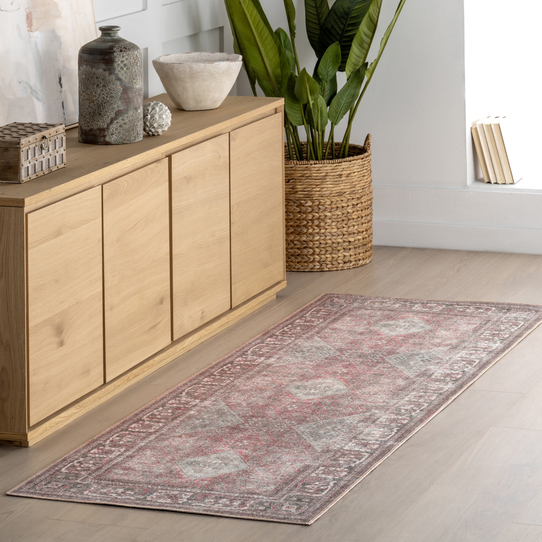 Gray and Burgundy Synthetic Vintage Medallion Runner Rug