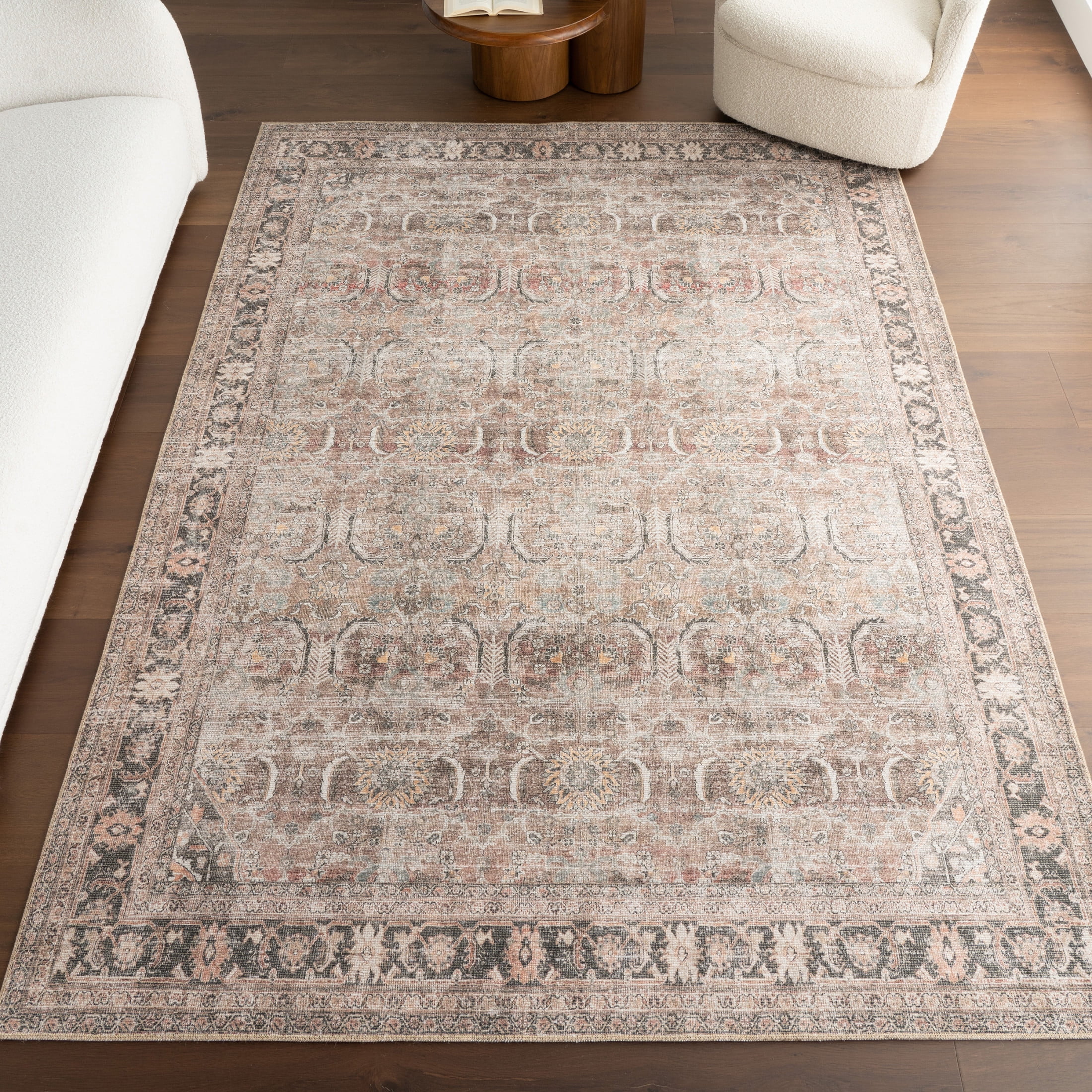 Light Brown Rectangular Synthetic 4' x 6' Vintage Medallion Rug