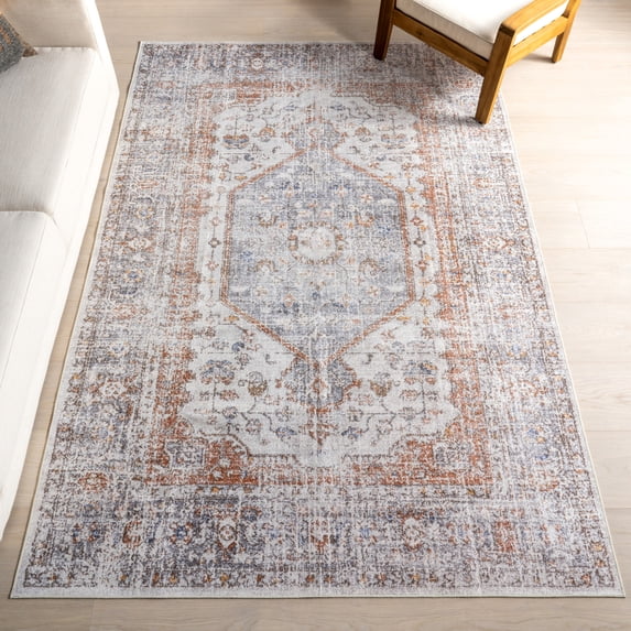 nuLOOM Iana Medallion SplashGuard Machine Washable Area Rug, 6' x 6', Square, Iana Light Grey