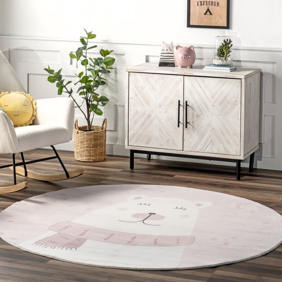 nuLOOM Jovie SpinClean Polar Bear Machine Washable Kids Area Rug, 4', Round, Jovie Pale Pink