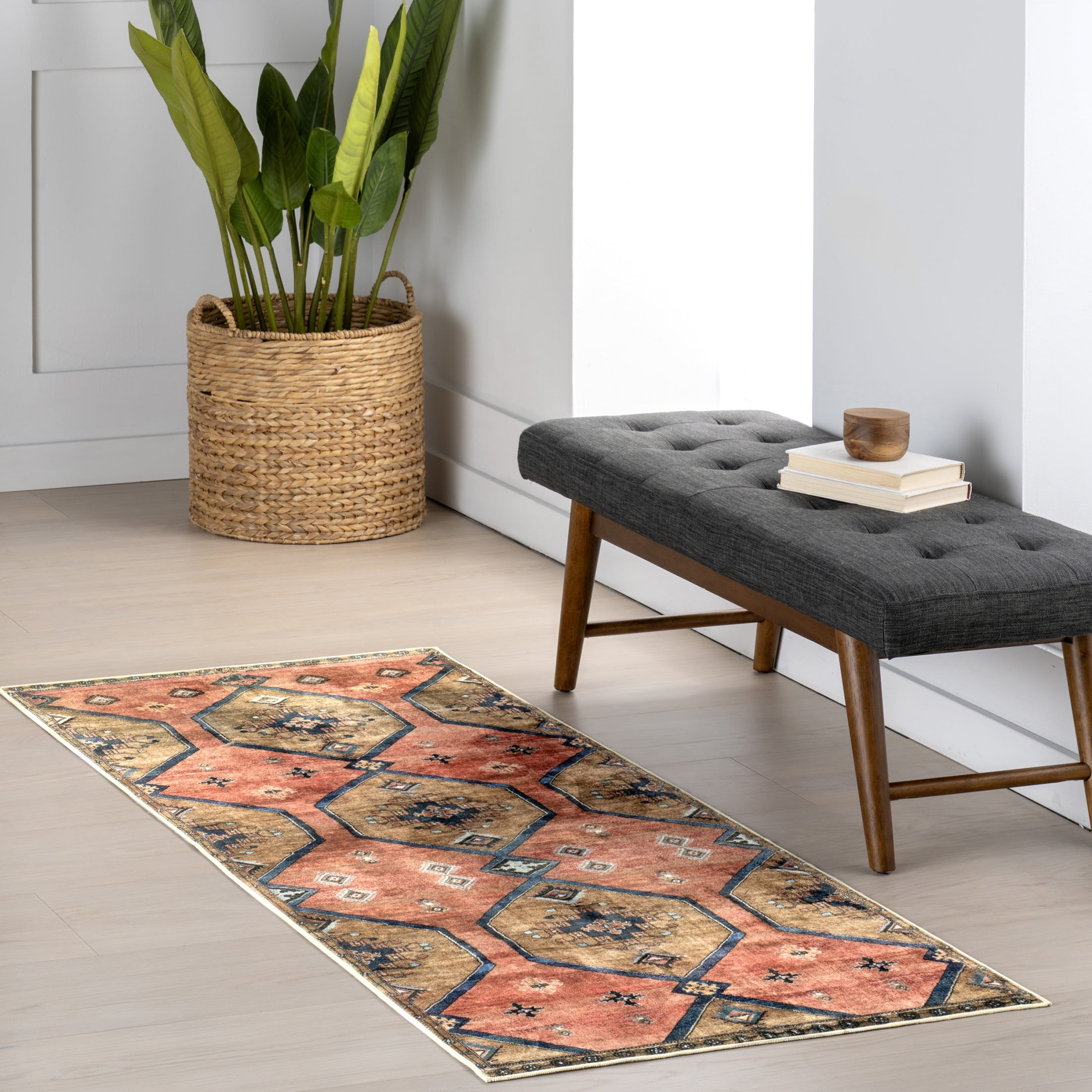 Judy Rust Red and Beige Synthetic Runner Rug