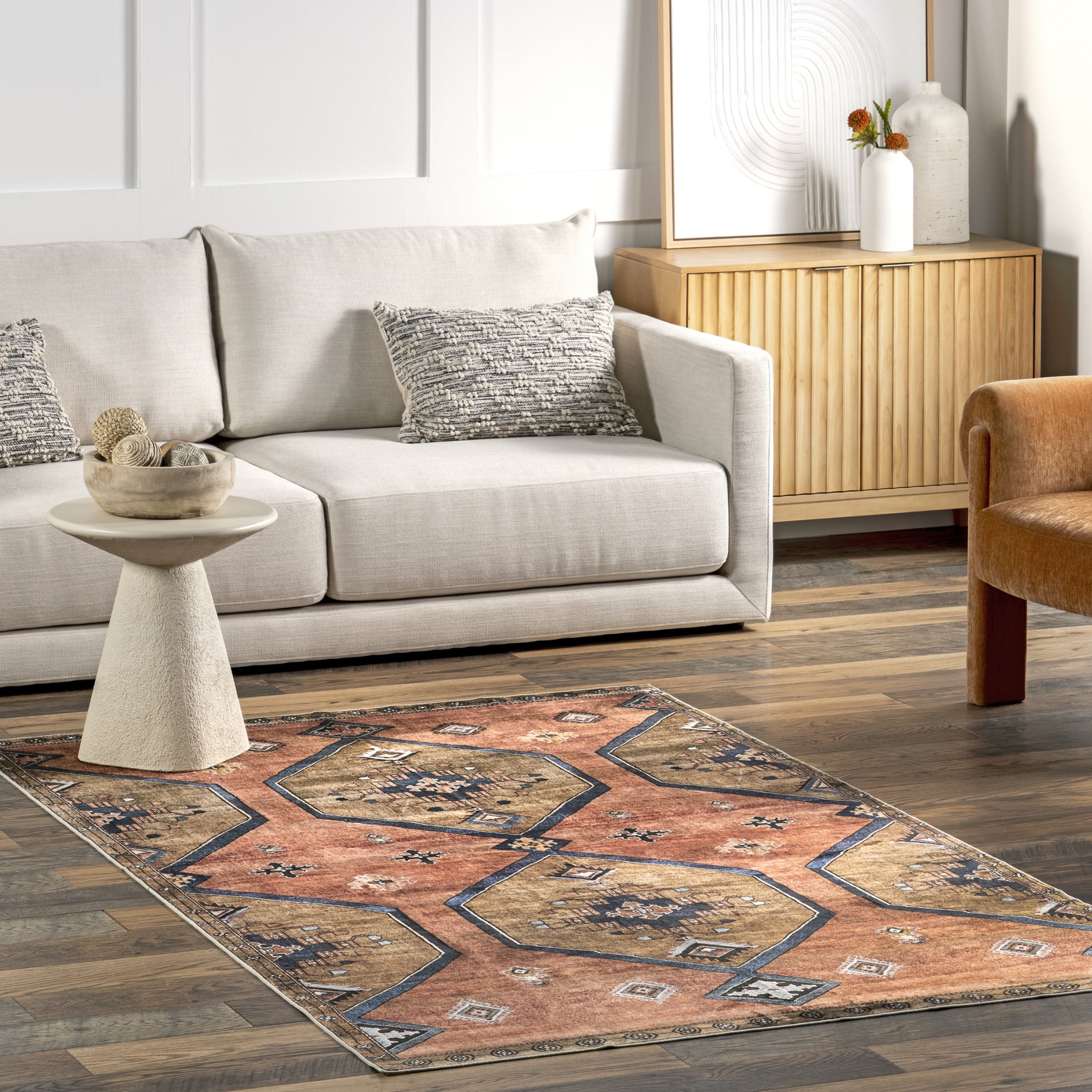 Rust Red Synthetic Washable Round Area Rug