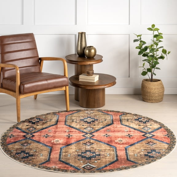nuLOOM Judy SpinClean Traditional Persian Machine Washable Area Rug, 6', Round, Judy Rust