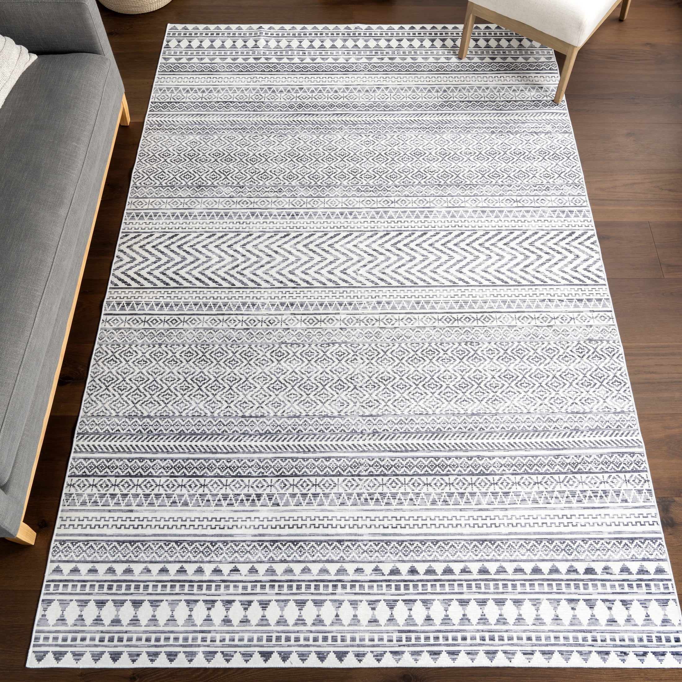 Juni Gray Synthetic 4' x 6' Machine Washable Area Rug