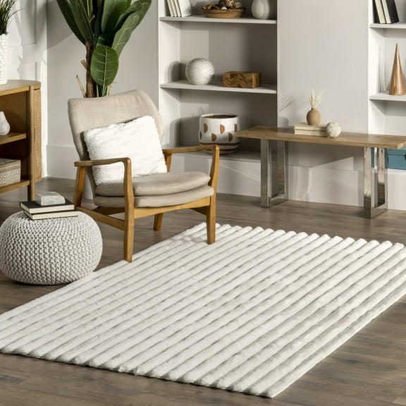 nuLOOM Kai SuperiorWash Stripe Faux Rabbit Machine Washable Area Rug, 6' x 9', Kai Off-white