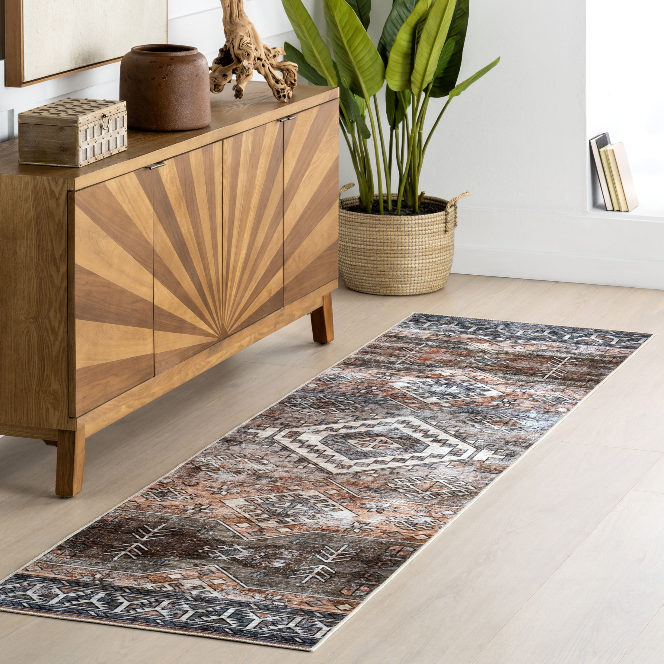 Layana Rust Geometric Machine Washable Runner Rug, 2' 6" x 12'
