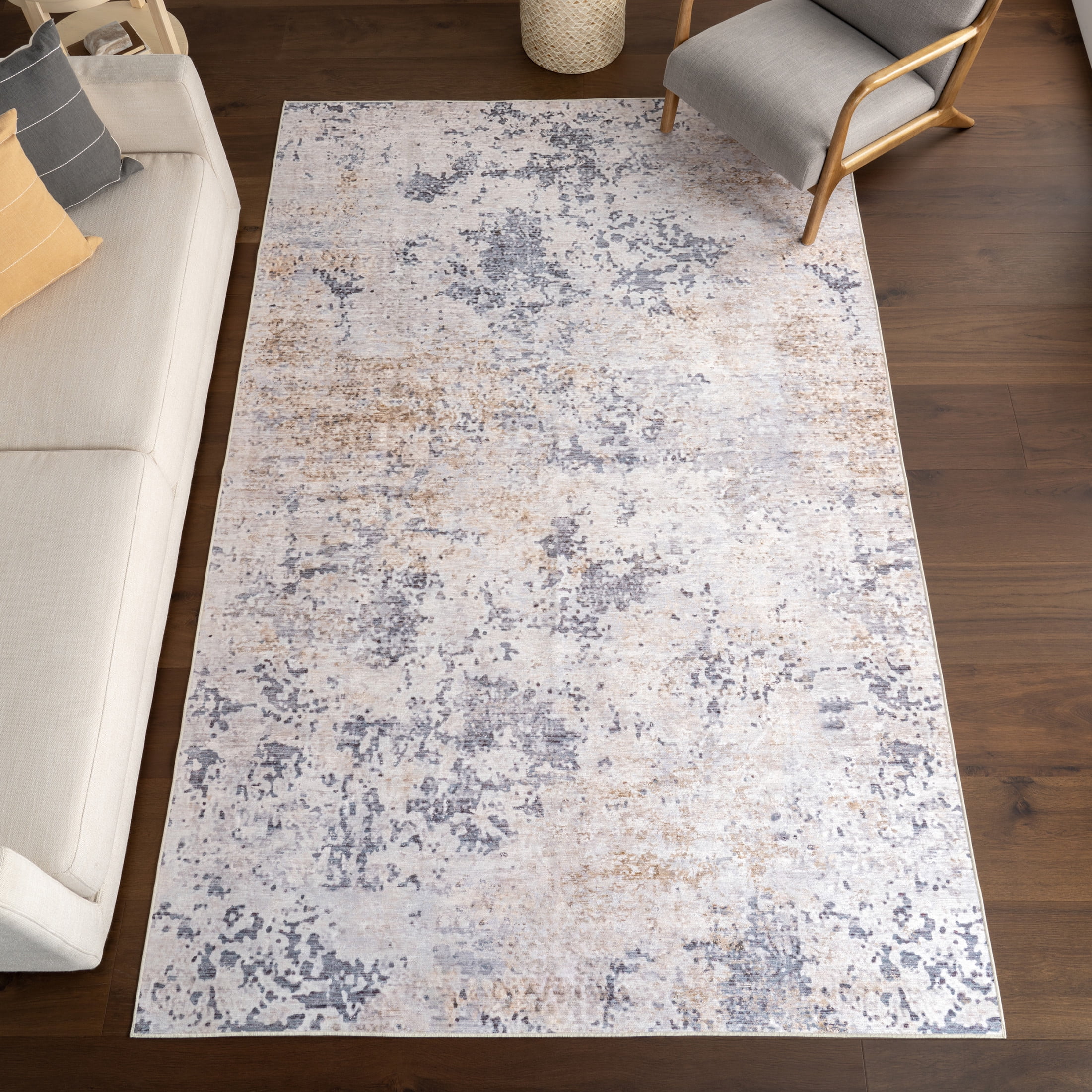 Ivory and Gray Synthetic Abstract Washable Area Rug, 6' x 9'