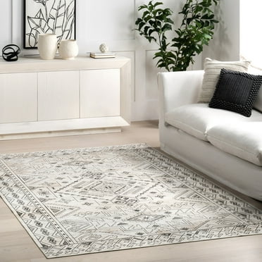 nuLOOM Malena SpinClean Tribal Bordered Machine Washable Area Rug, 4' x 6', Malena Light Grey
