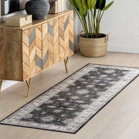 nuLOOM Moxie SplashGuard Traditional Bordered Machine Washable Area Rug, 2' 6" x 6', Runner, Moxie Charcoal
