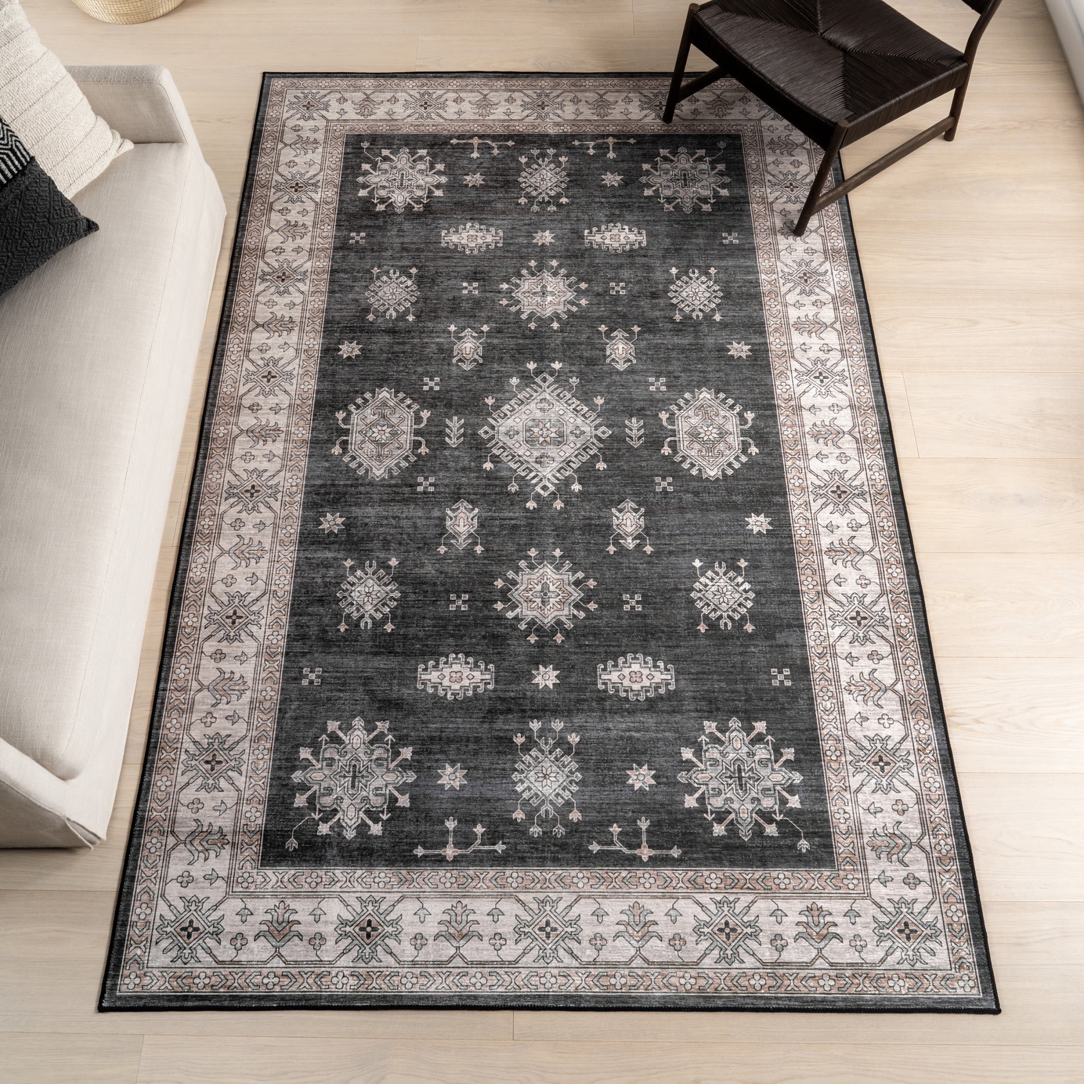 nuLOOM Moxie SplashGuard Traditional Bordered Machine Washable Area Rug, 3' x 5', Moxie Charcoal