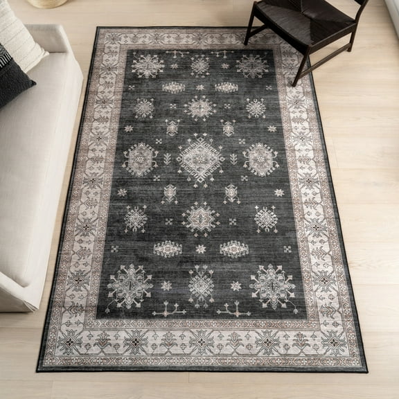 nuLOOM Moxie SplashGuard Traditional Bordered Machine Washable Area Rug, 3' x 5', Moxie Charcoal
