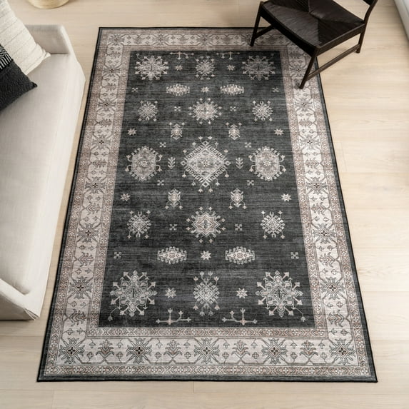 nuLOOM Moxie SplashGuard Traditional Bordered Machine Washable Area Rug, 5' x 8', Moxie Charcoal