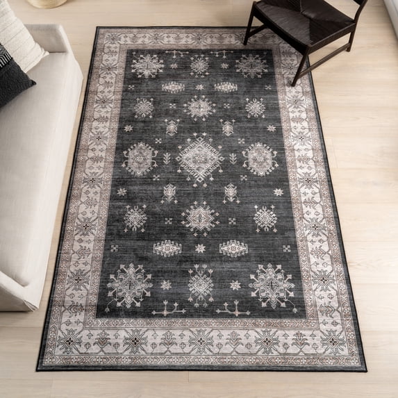 nuLOOM Moxie SplashGuard Traditional Bordered Machine Washable Area Rug, 8', Round, Moxie Charcoal