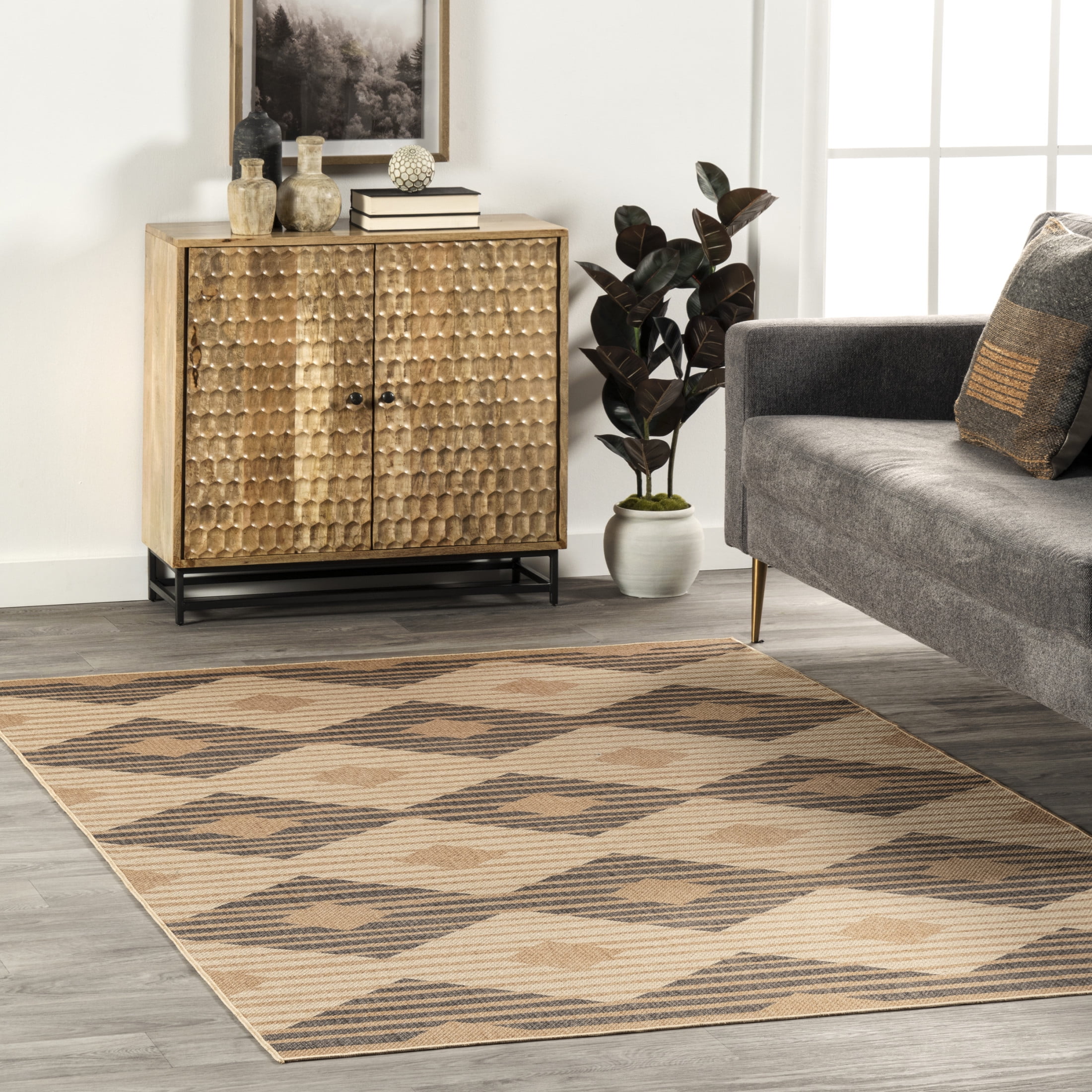Nautical Natural Beige and Gray Synthetic Washable Area Rug, 4' x 6'
