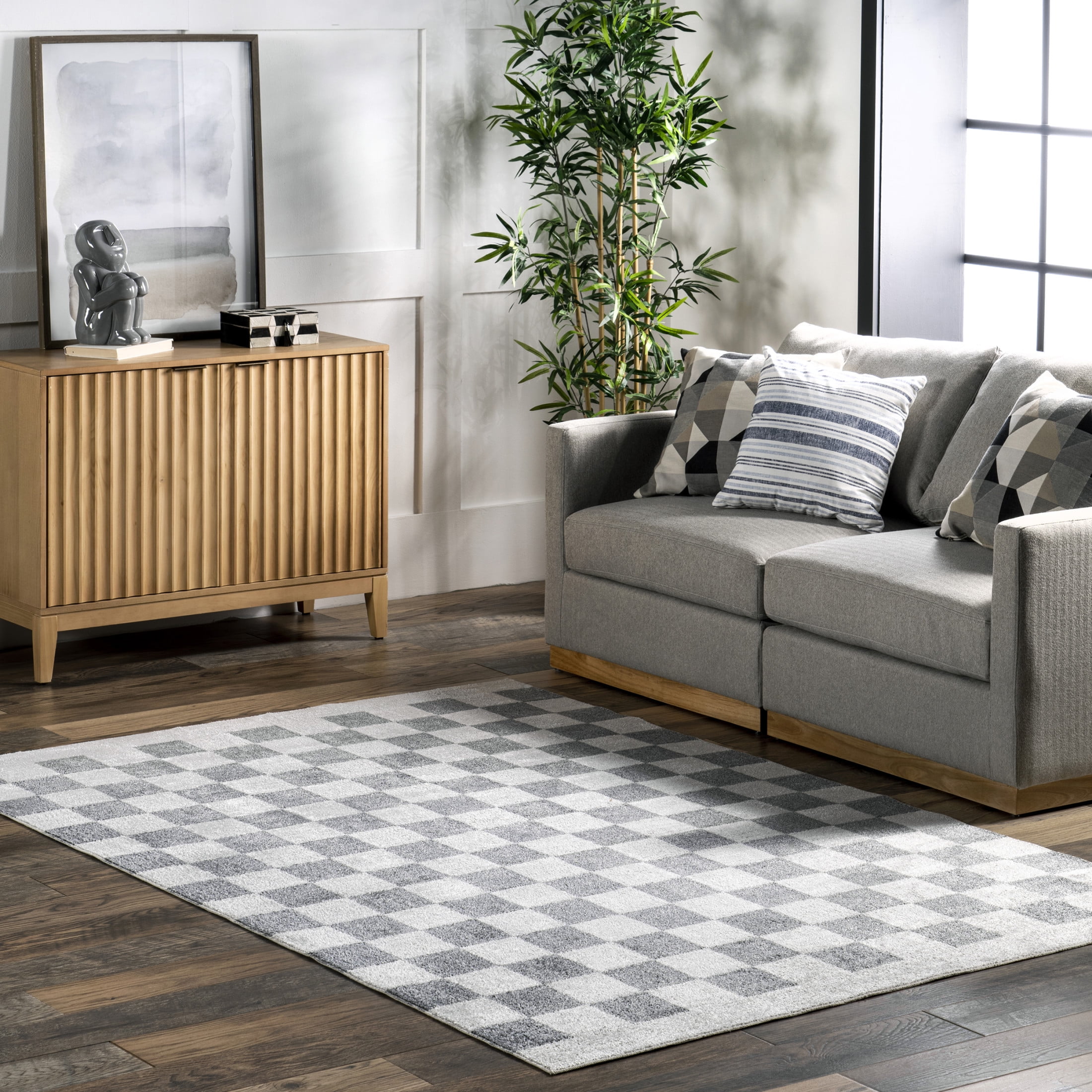 Naya Blue and White Checkered Synthetic Washable Area Rug