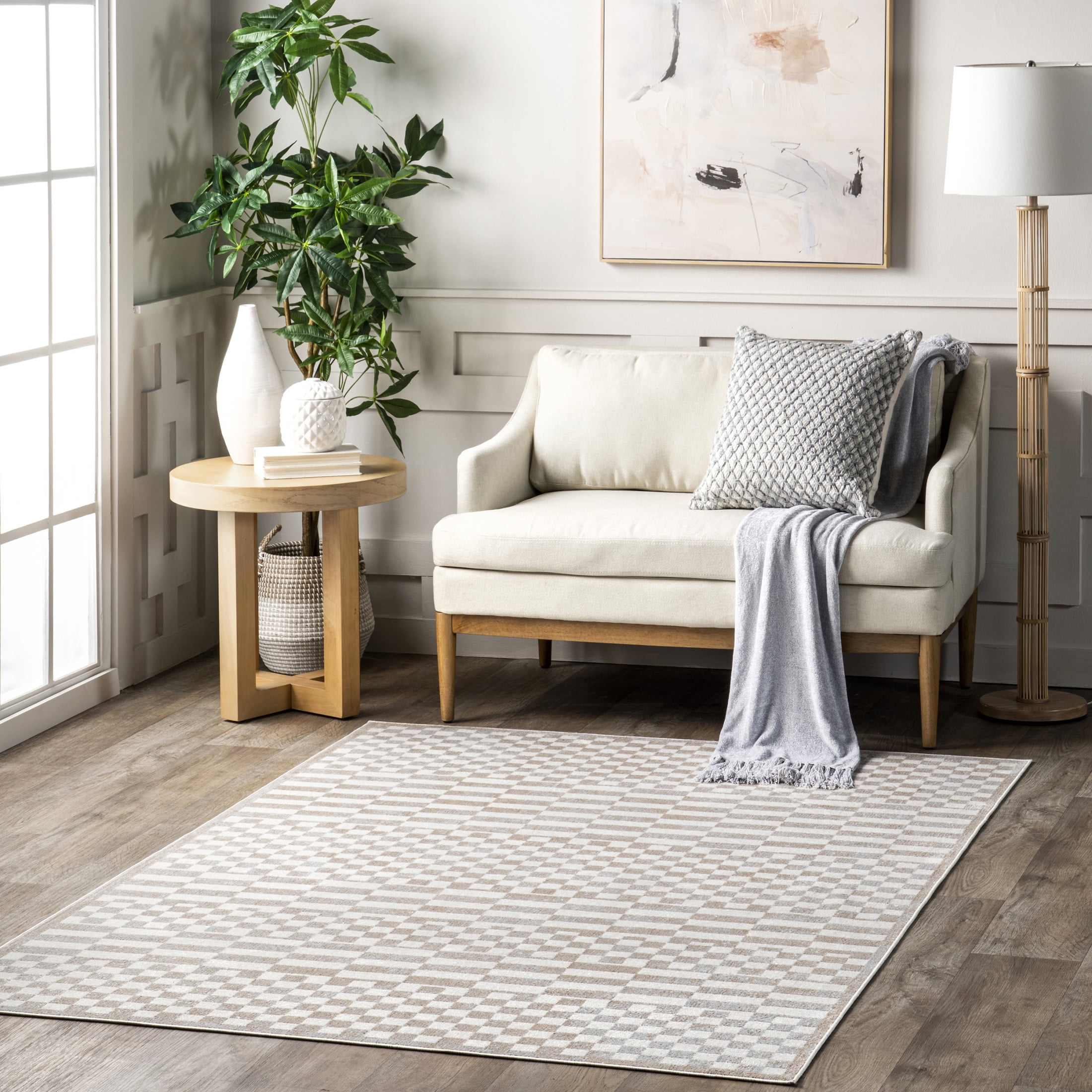 Beige and White Checkered Washable Synthetic Area Rug