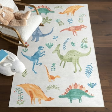 Nuloom Pavani Dinosaur SplashGuard Machine Washable Kids Area Rug, 3' x 5', Pavani White Multicolor