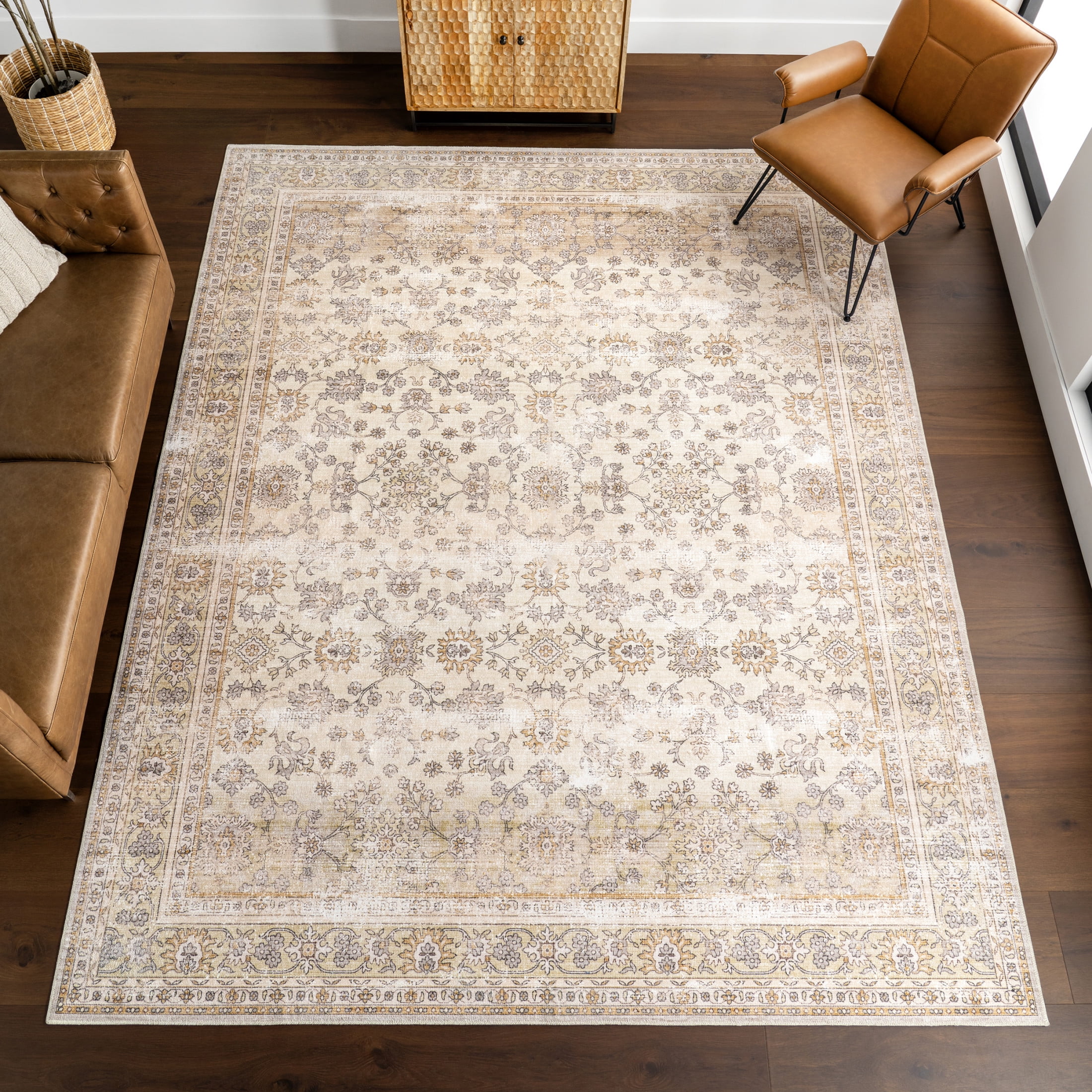 Sia Beige Floral Synthetic Washable Non-slip Area Rug, 3' x 5'